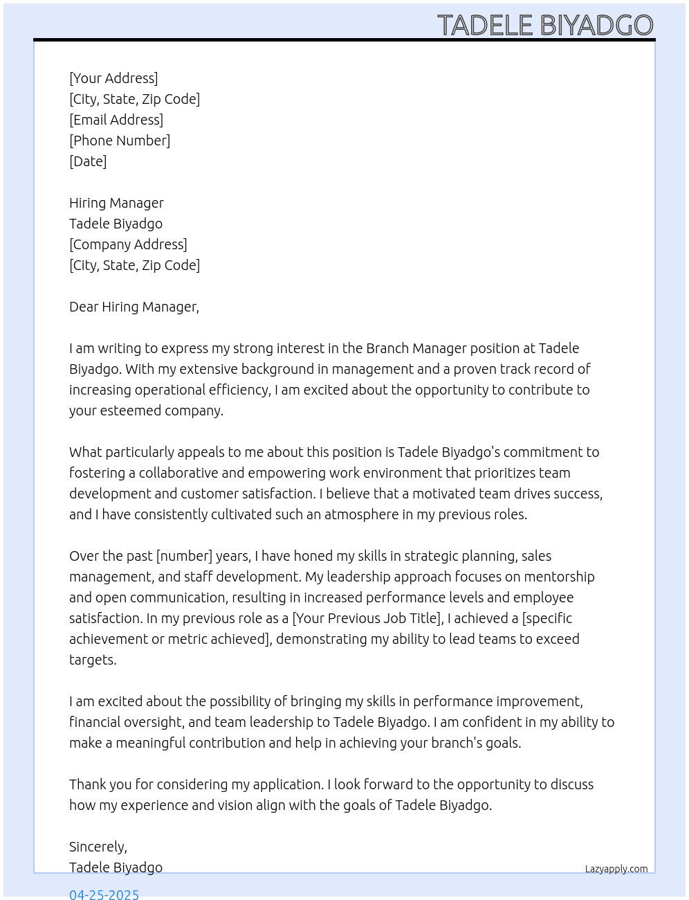 branch manager At Tadele Biyadgo Cover Letter