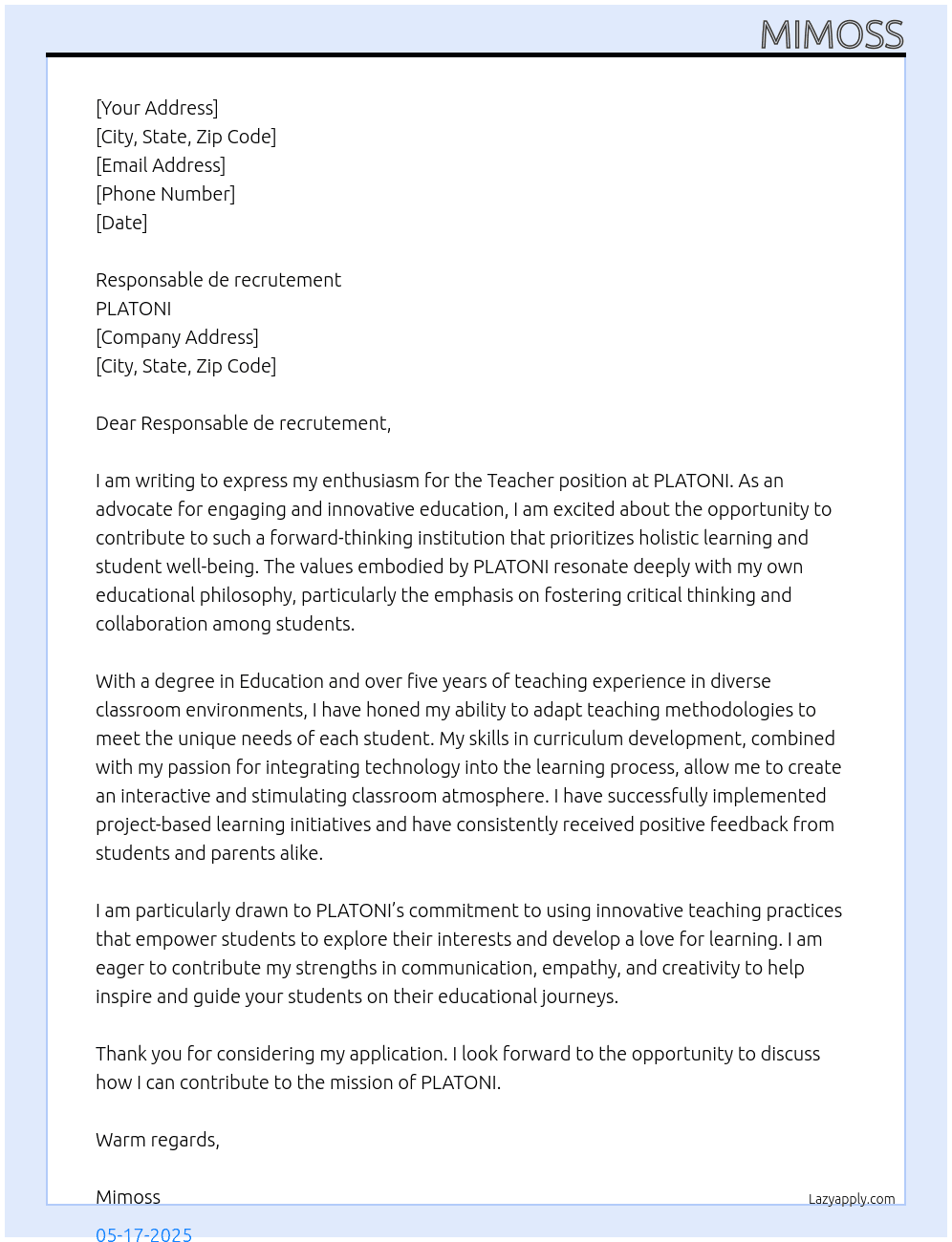 Teacher  At PLATONI  Cover Letter