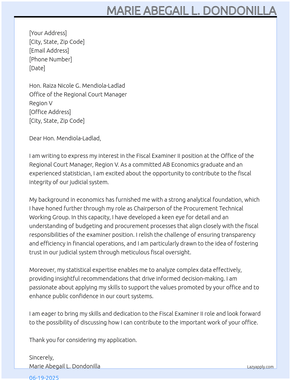 Cover letter for fiscal examiner ii - LazyApply