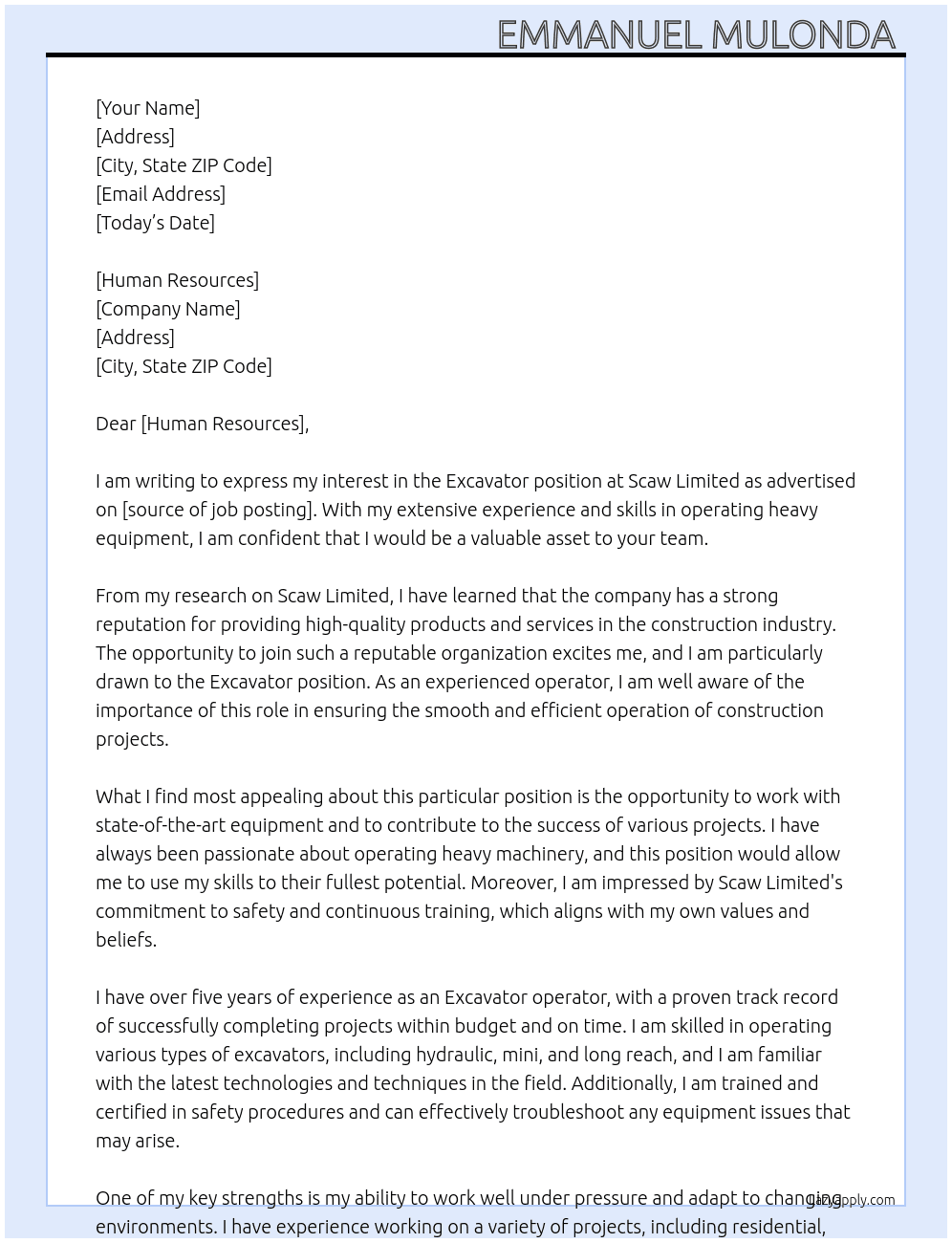 Excavator At Scaw Limited  Cover Letter