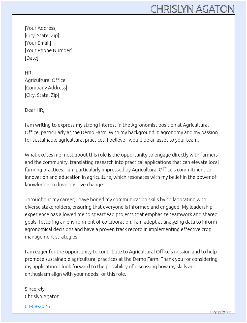 Agronomist  At Agricultural Office  Cover Letter