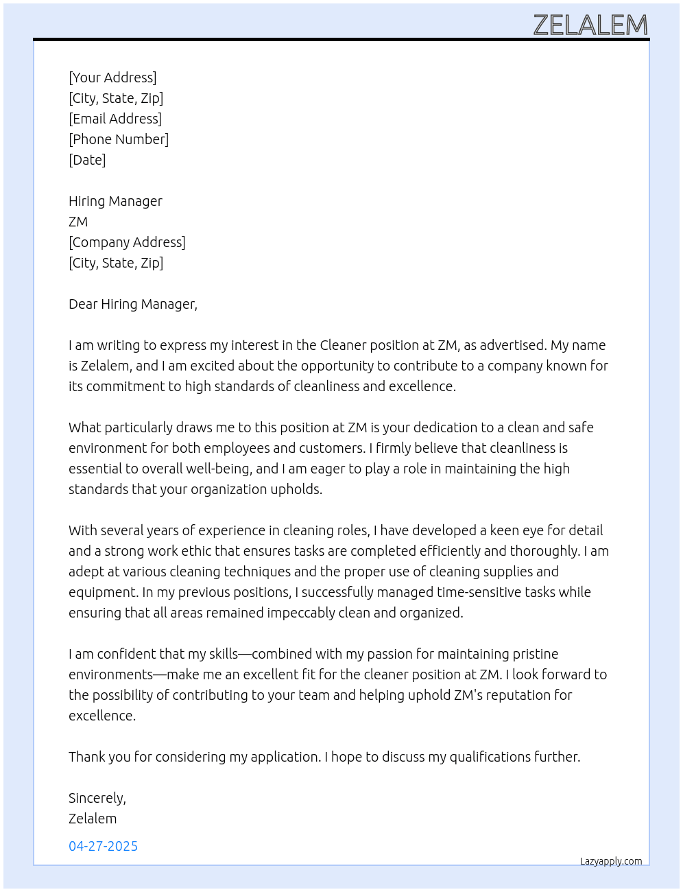 cleaner At zm Cover Letter