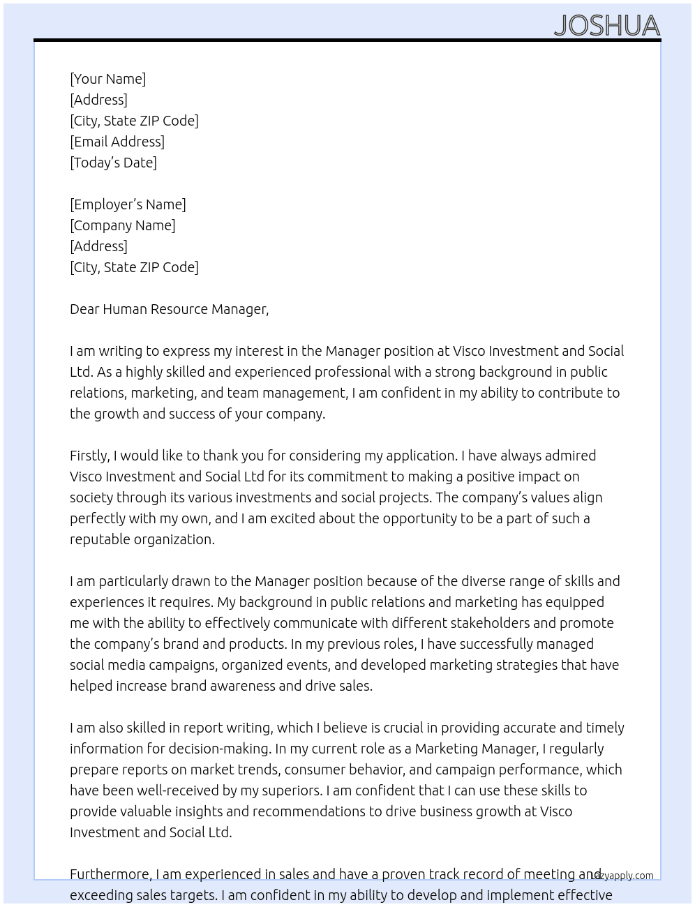 MANAGER At visco investment and social ltd Cover Letter