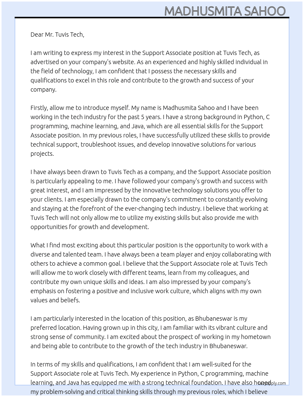 Support Associate  At Tuvis tech Cover Letter