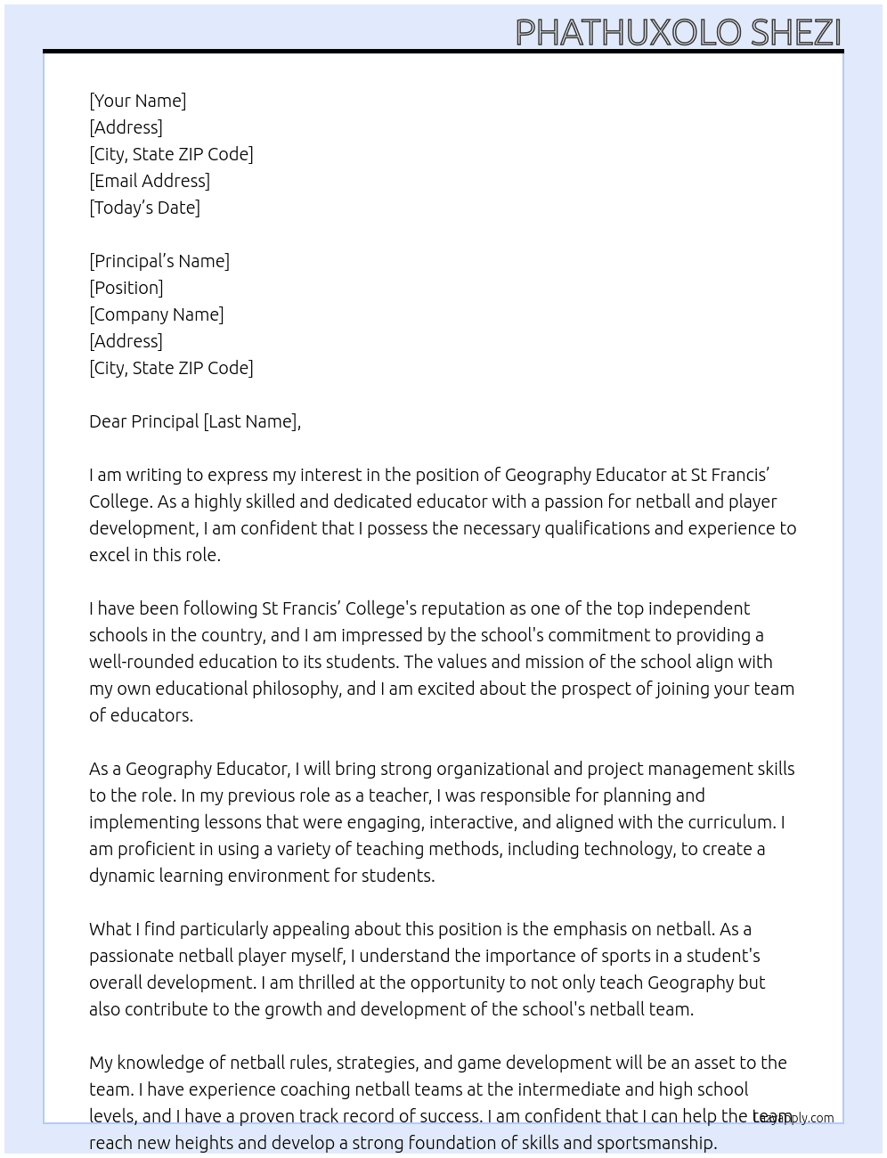 Geography Educator At St Francis’ College  Cover Letter