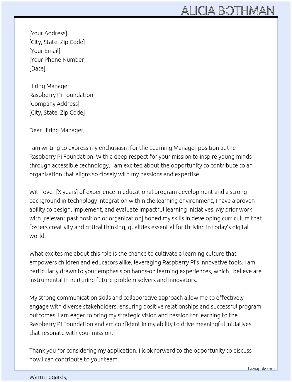 Learning Manager  At Raspberry Pi Foundation  Cover Letter
