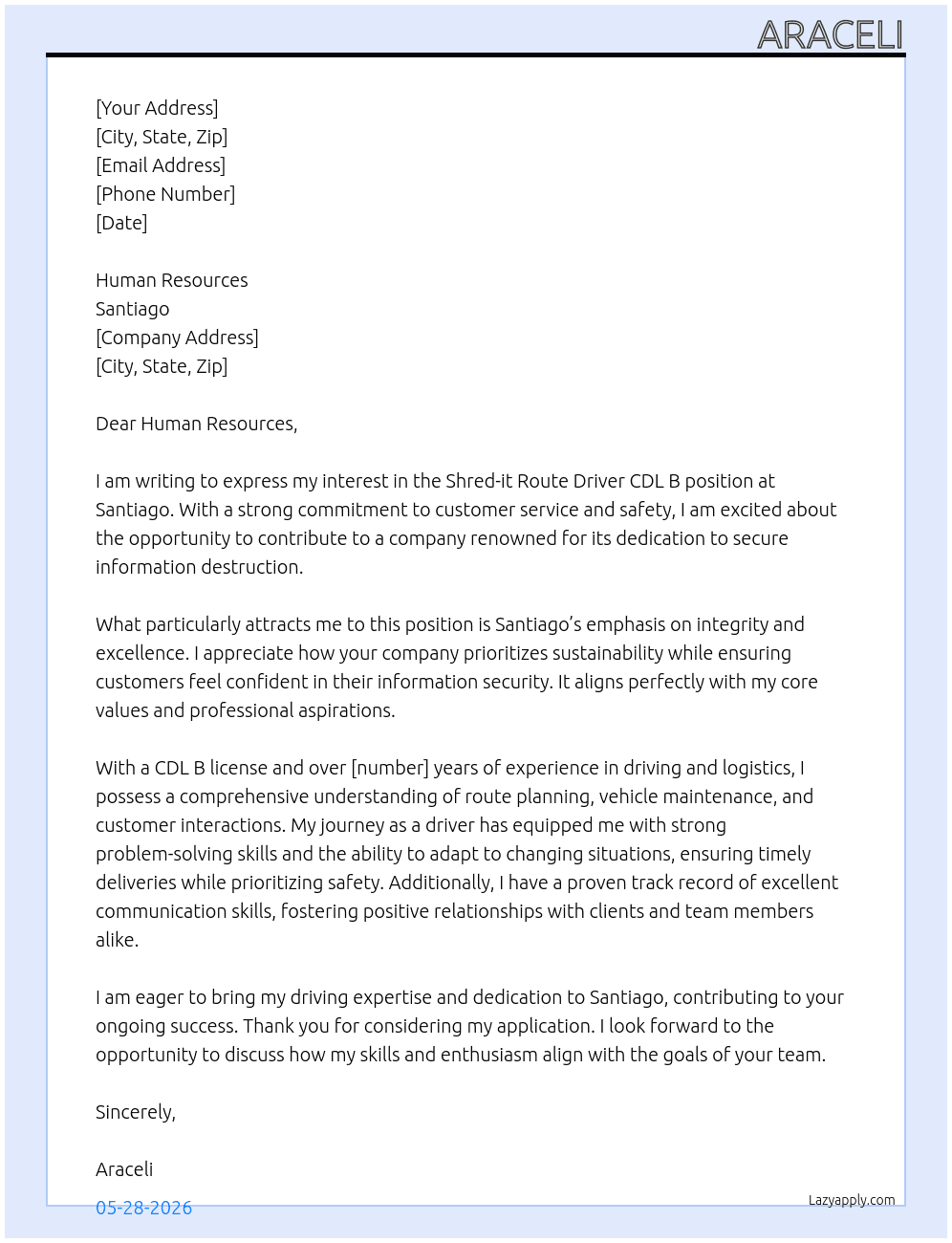 Shred_it Route Driver CDL B At Santiago  Cover Letter