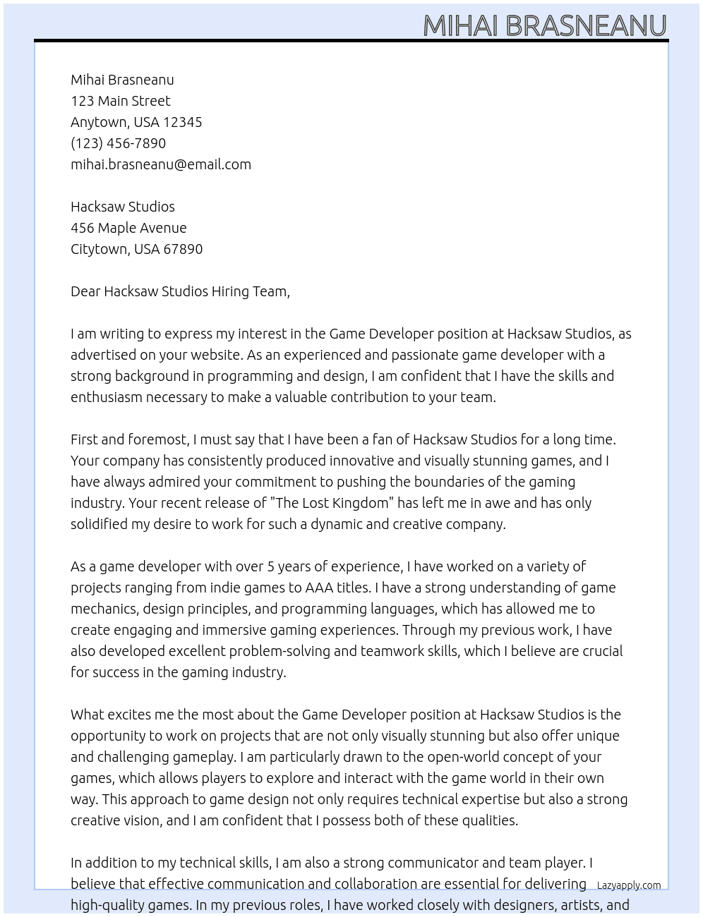 Game Developer At Hacksaw Studios  Cover Letter