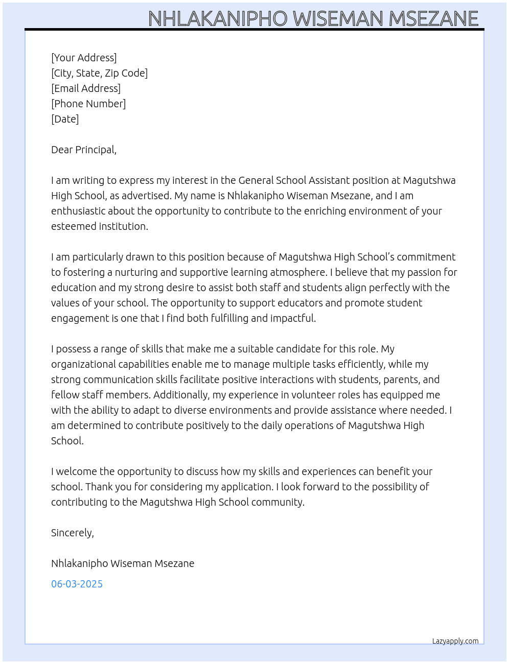 General School assistance  At Magutshwa High School  Cover Letter