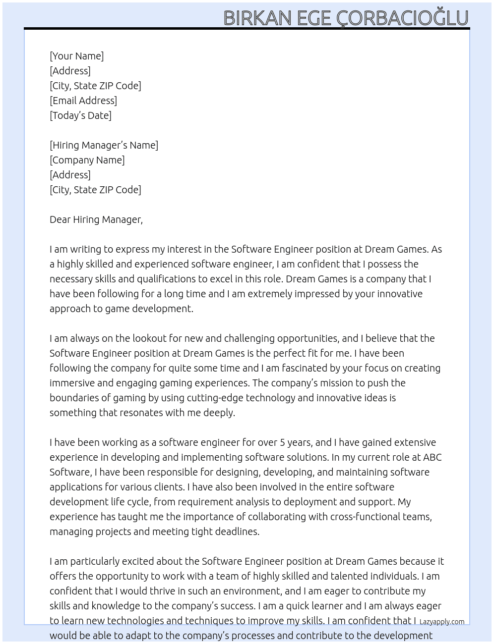 Software Engineer At Dream Games Cover Letter
