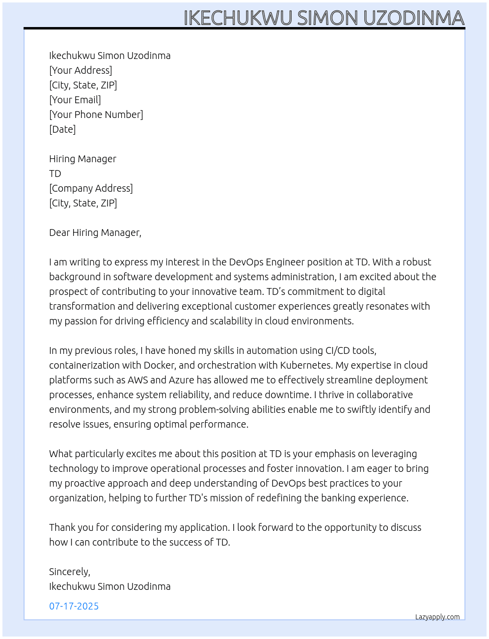 DevOps engineer At td Cover Letter