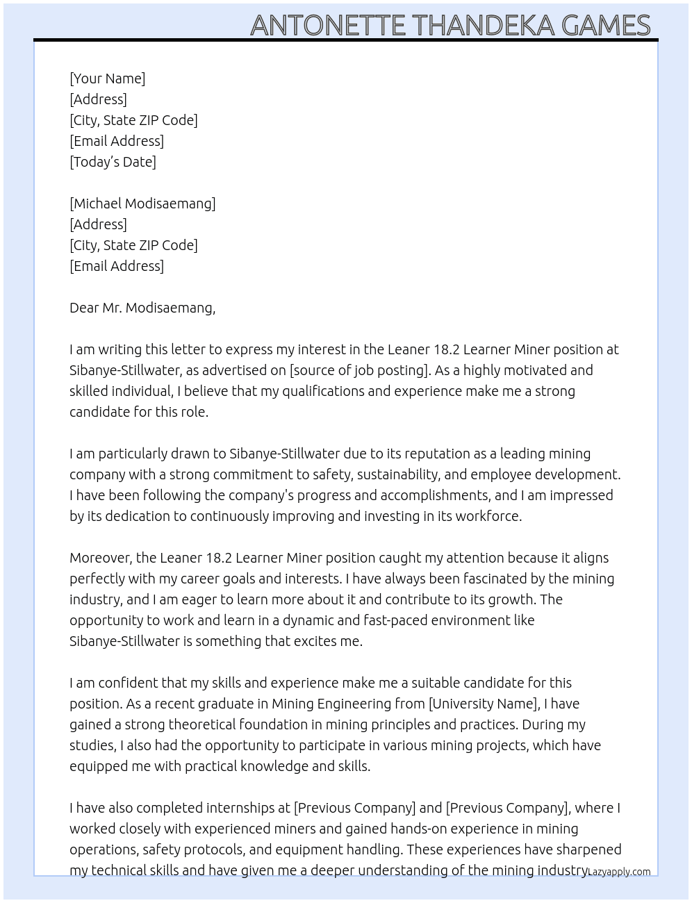 Leaner 18.2 Learner Miner At Sibanye-Stillwater Cover Letter