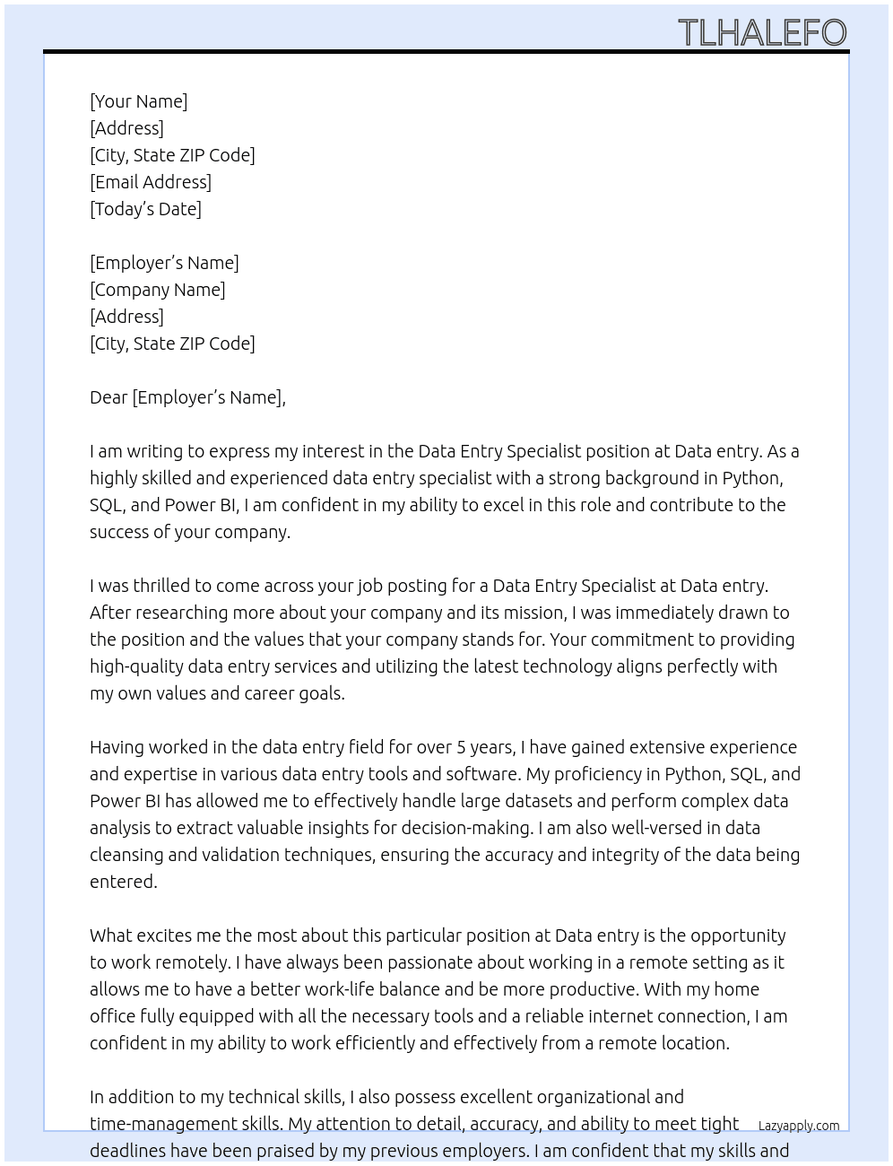 Data Entry Specialist  At Data entry  Cover Letter