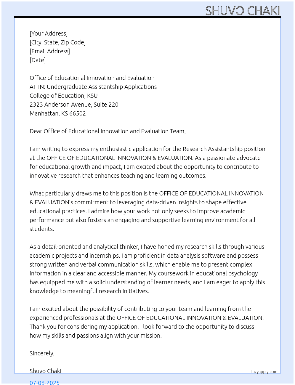 Cover letter for research assistantship - LazyApply