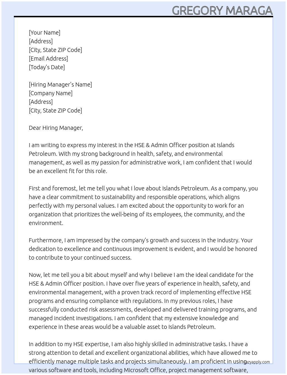 HSE &Admin Officer At Islands Petroleum  Cover Letter