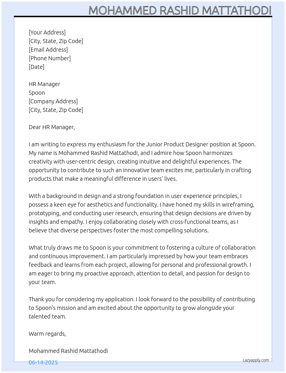 Junior Product Designer At Spoon Cover Letter