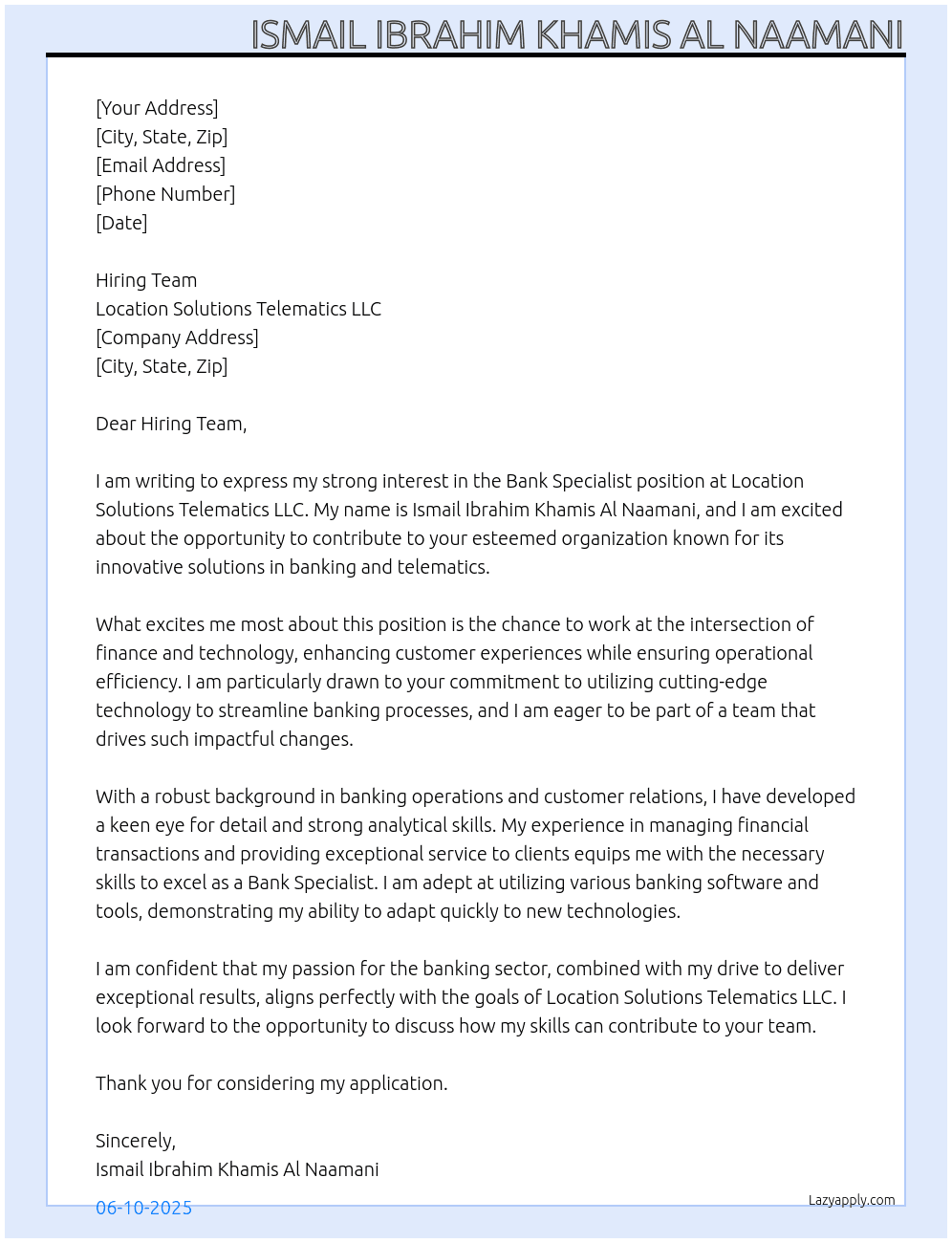 Cover letter for bank specialist - LazyApply