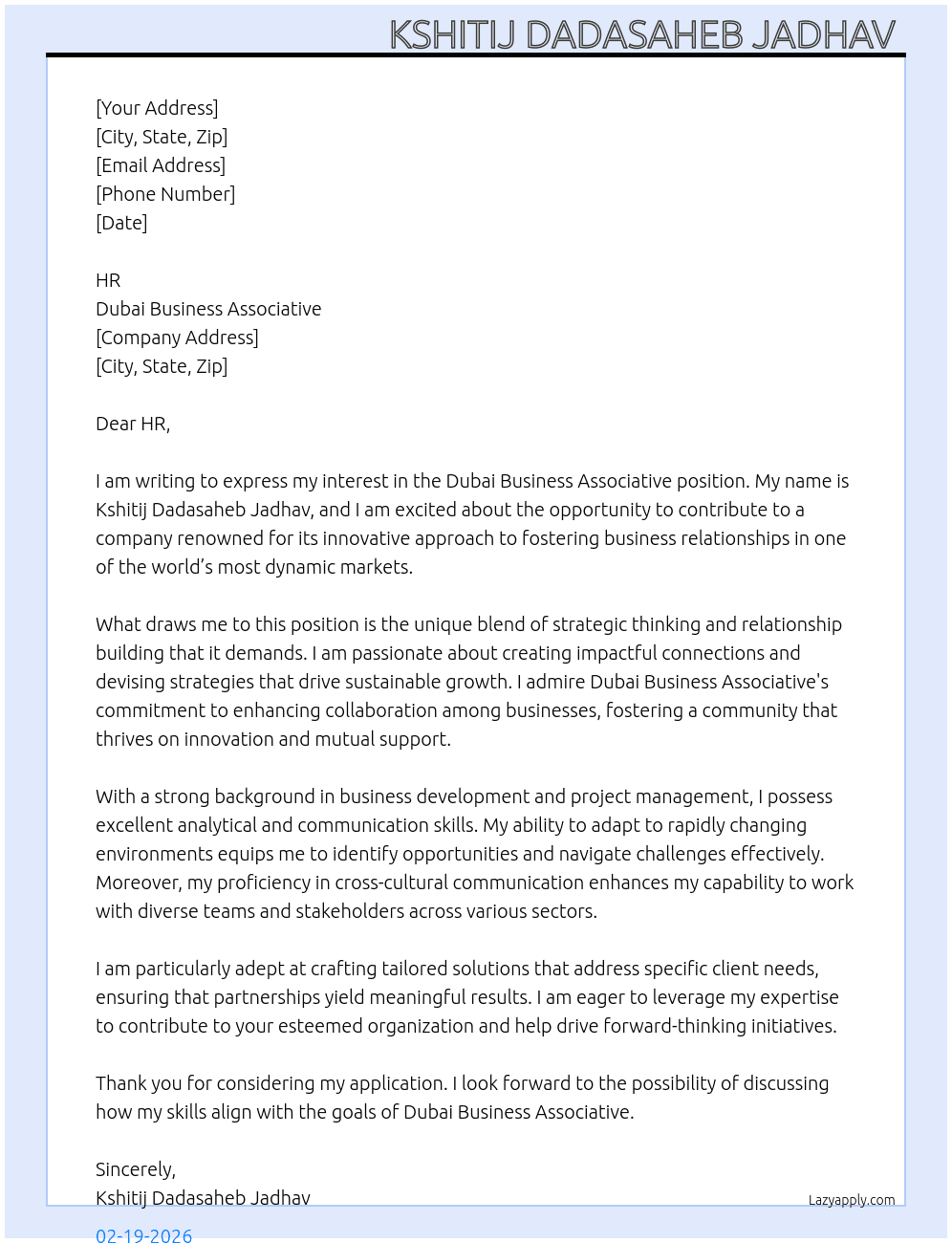 Dubai business associative  At Dubai Business associative  Cover Letter