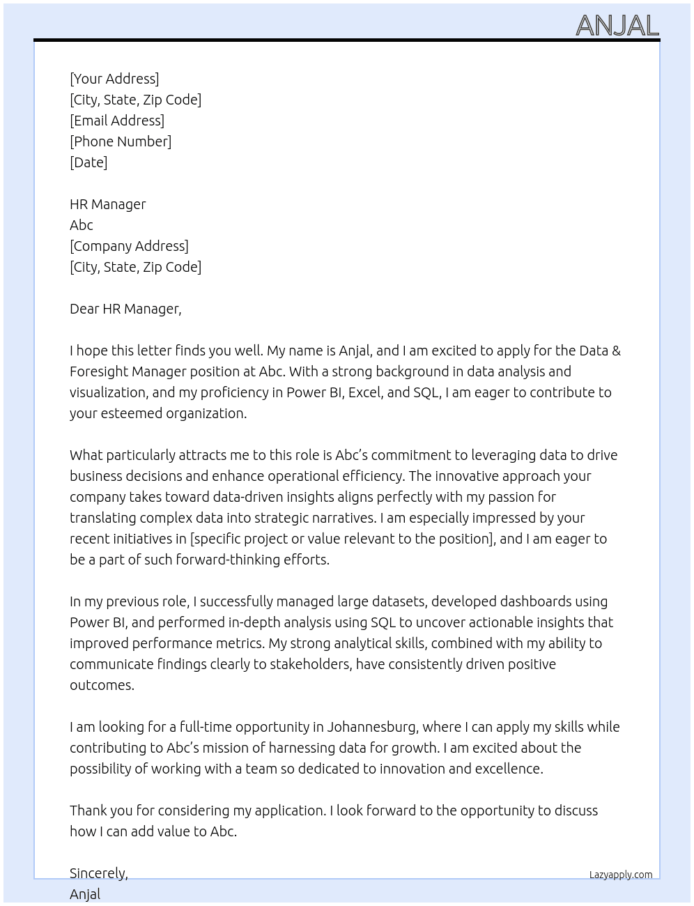 Cover letter for data & foresight manager - LazyApply