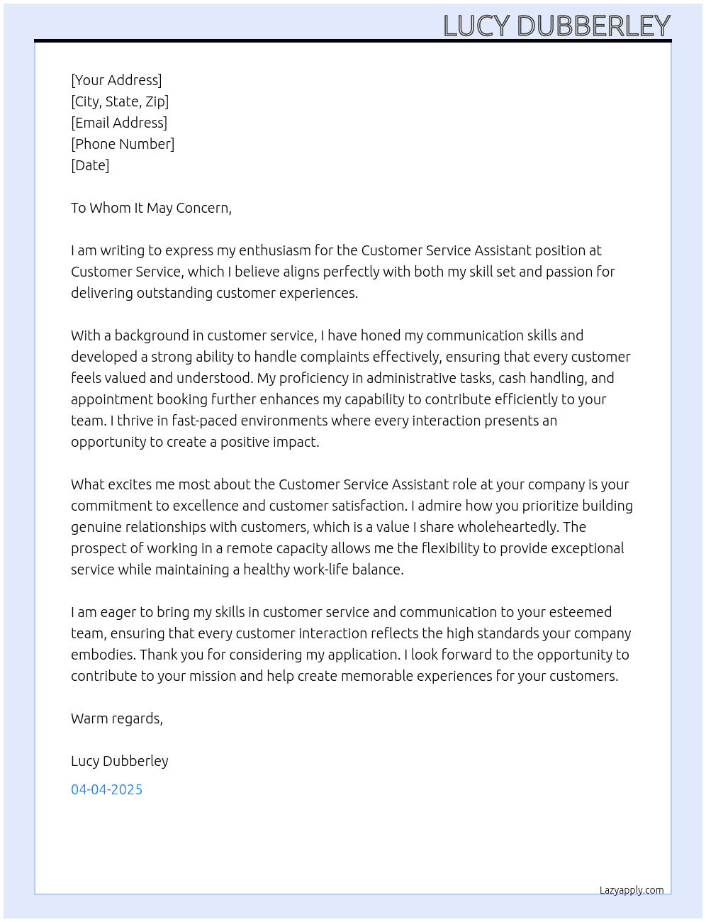 Customer service assistant At Customer service Cover Letter