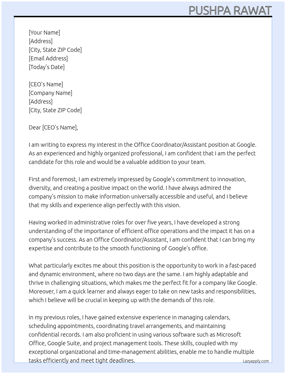Cover letter for office coordinator / assistant - LazyApply