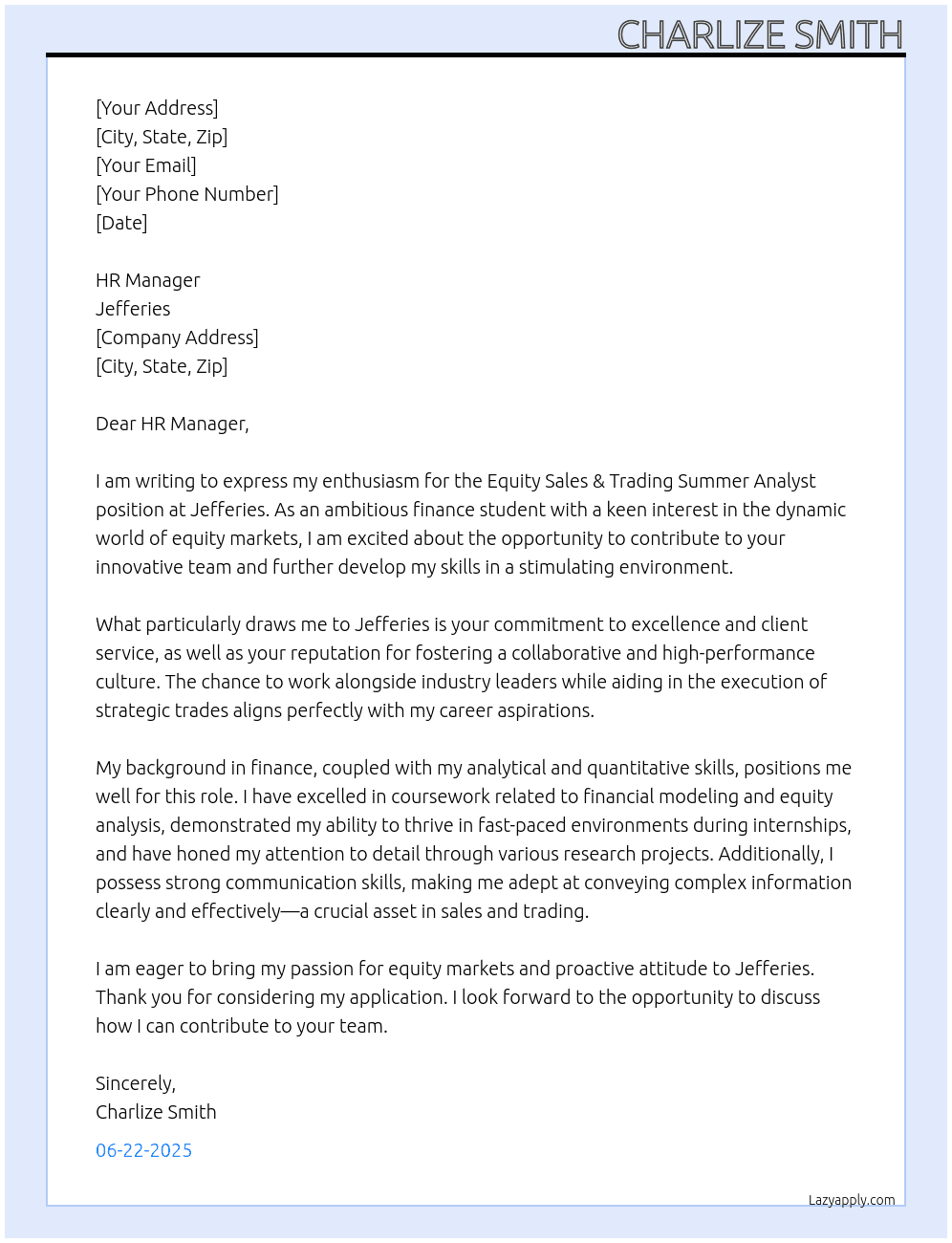 Equity Sales & Trading Summer Analyst At Jefferies Cover Letter