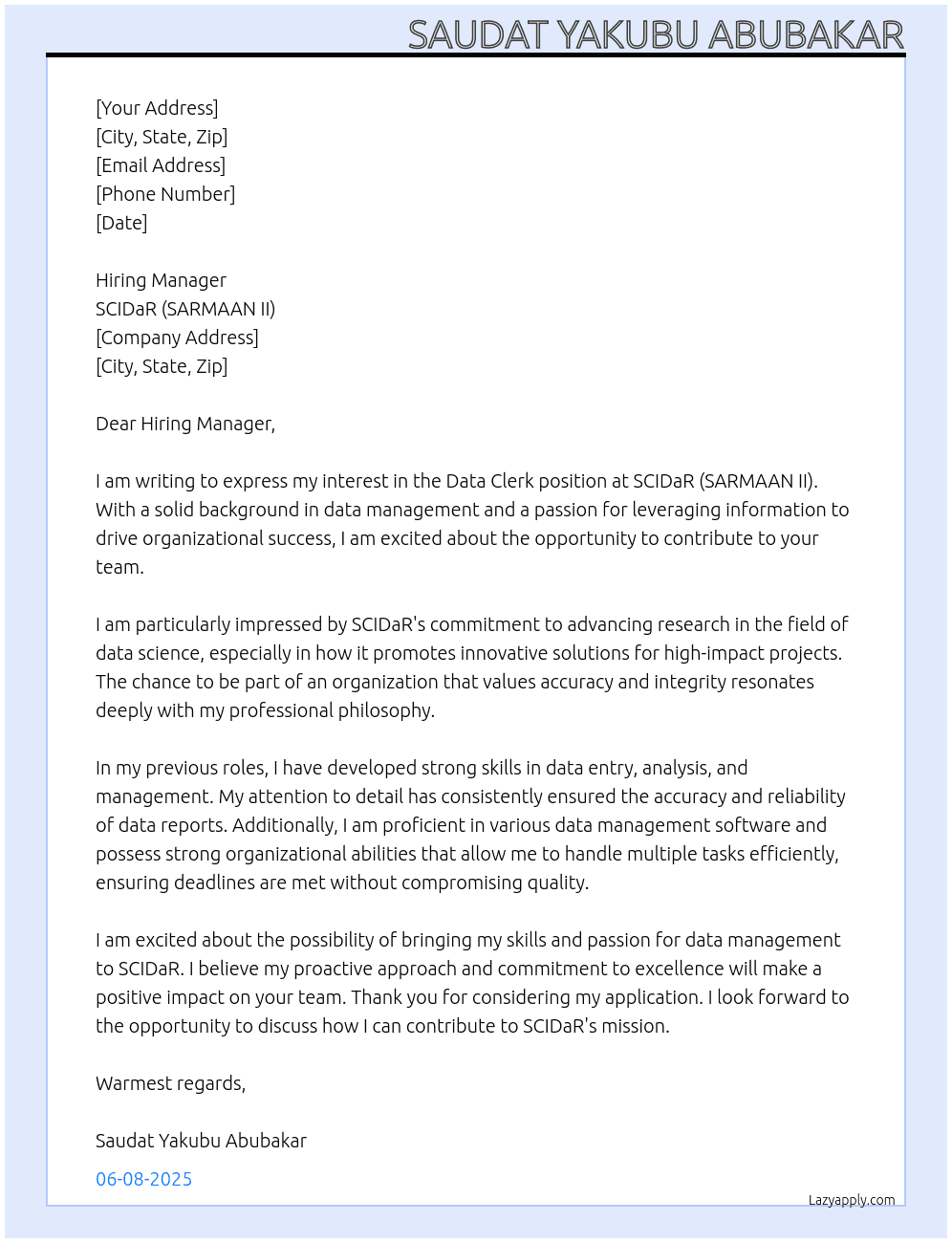 Data Clark   At SCIDaR(SARMAAN II) Cover Letter
