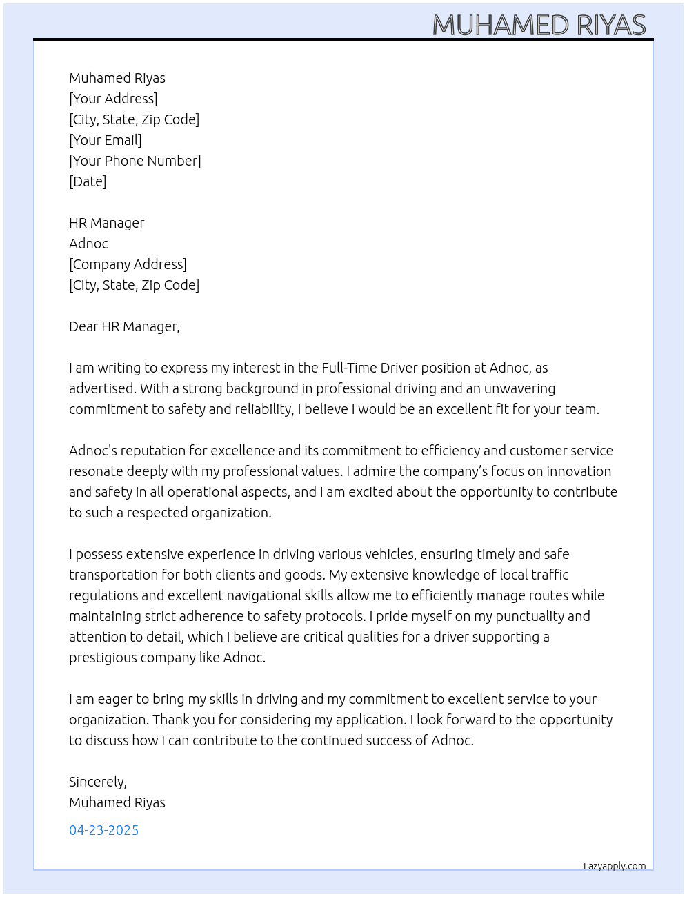 Driver  At Adnoc  Cover Letter