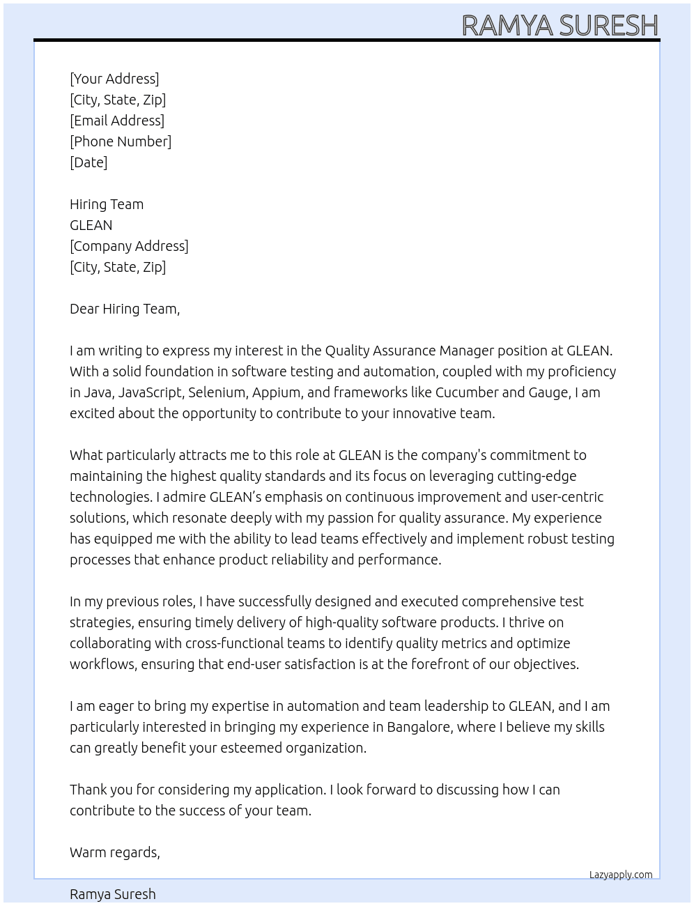 Quality Assurance Manager At GLEAN Cover Letter