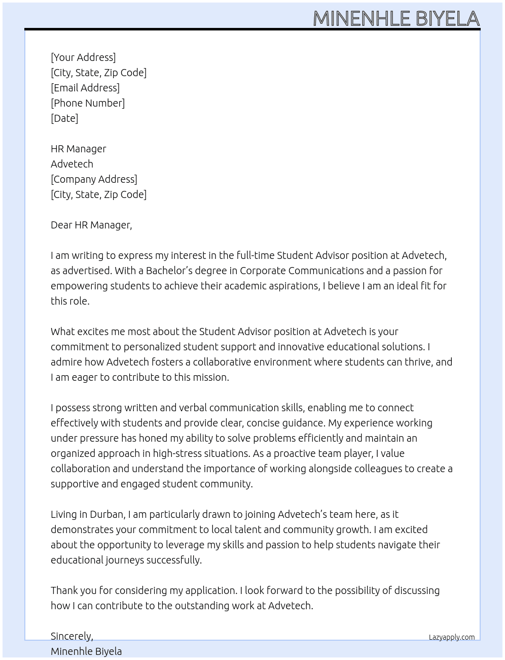 Student advisor  At Advetech Cover Letter