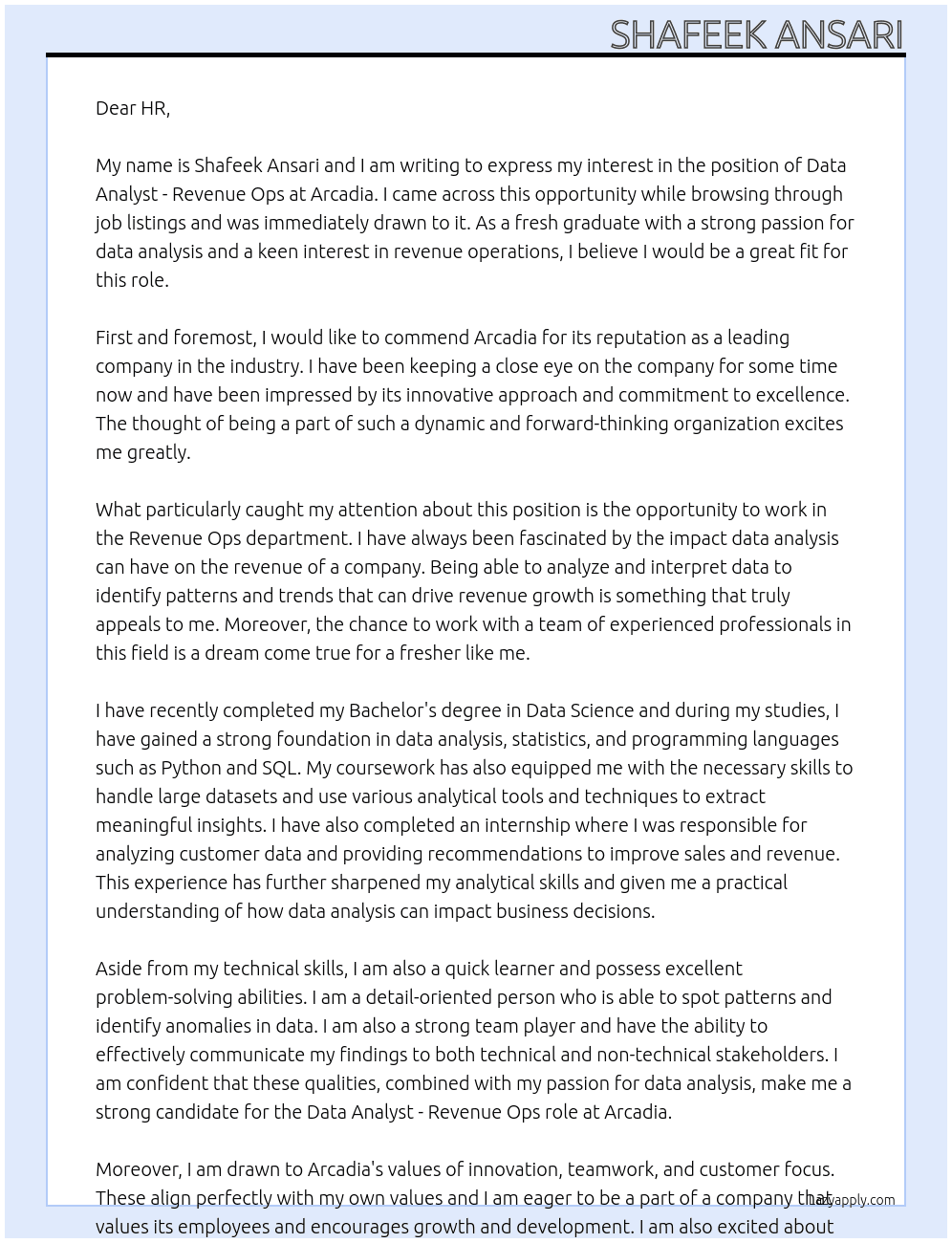 data Analyst - Revenue Ops[fresher] At arcadia Cover Letter