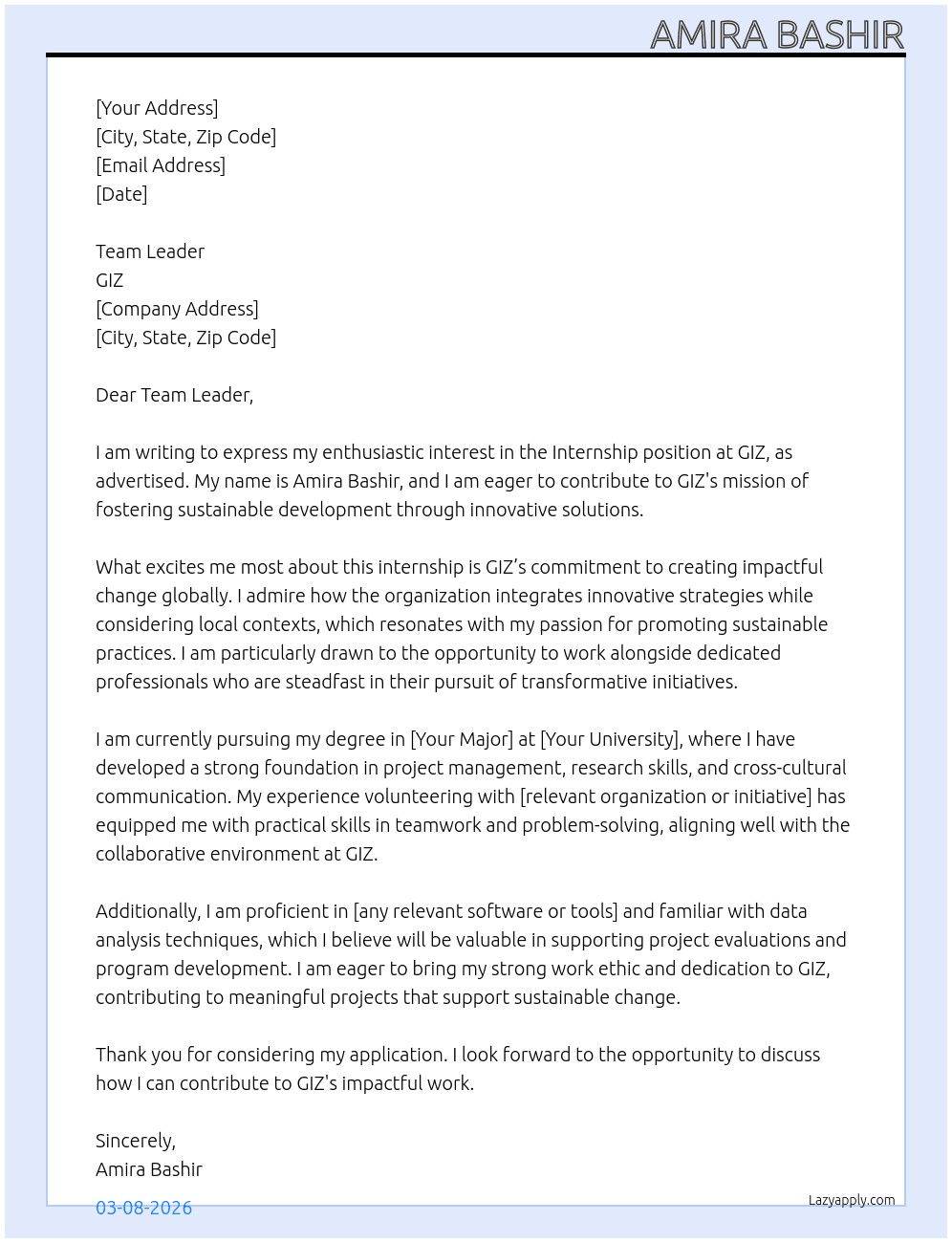 Internship At GIZ Cover Letter