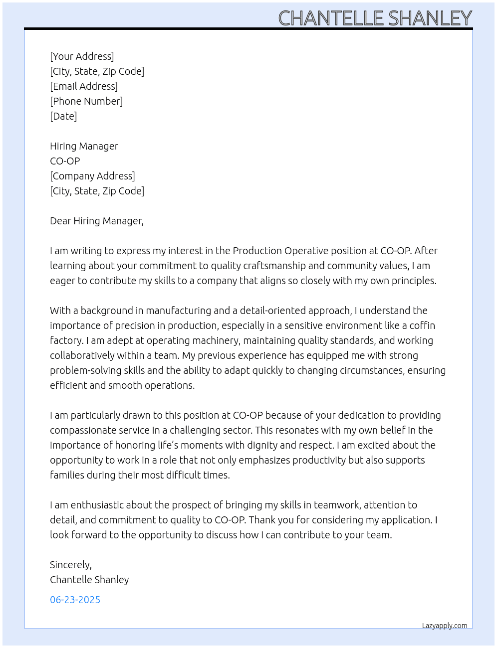 Cover letter for production operative - coffin factory - LazyApply