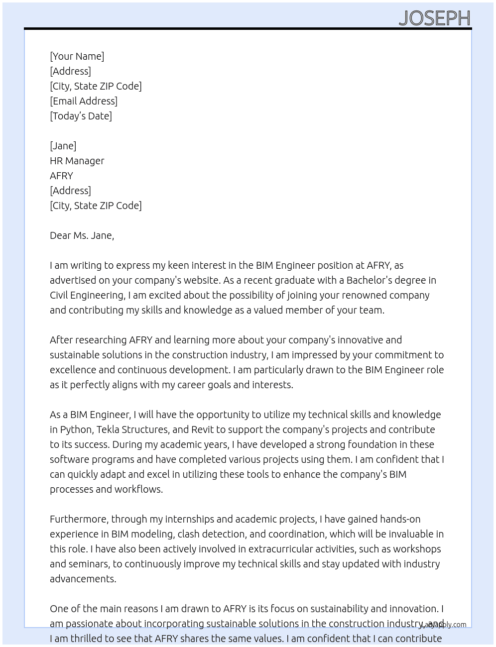 BIM Engineer At AFRY Cover Letter