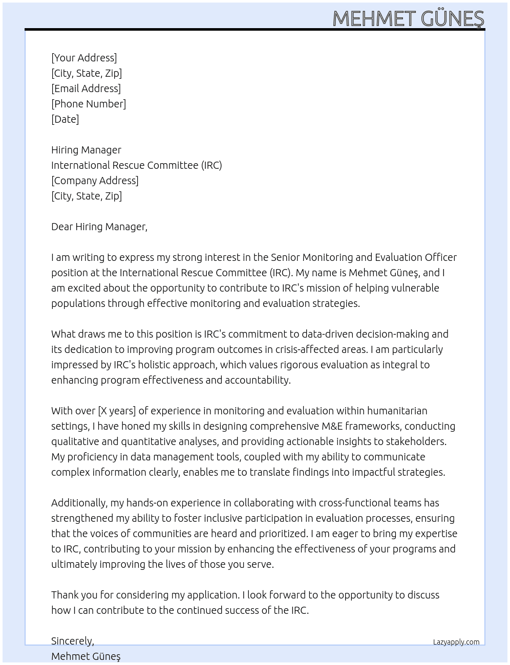 Senior Monitoring and Evaluation Officer At International Rescue Committee (IRC) Cover Letter