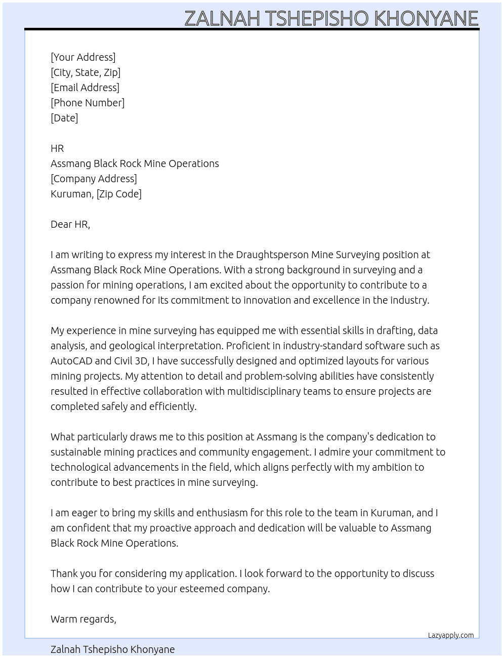 Cover letter for draughtsperson mine surveying - LazyApply