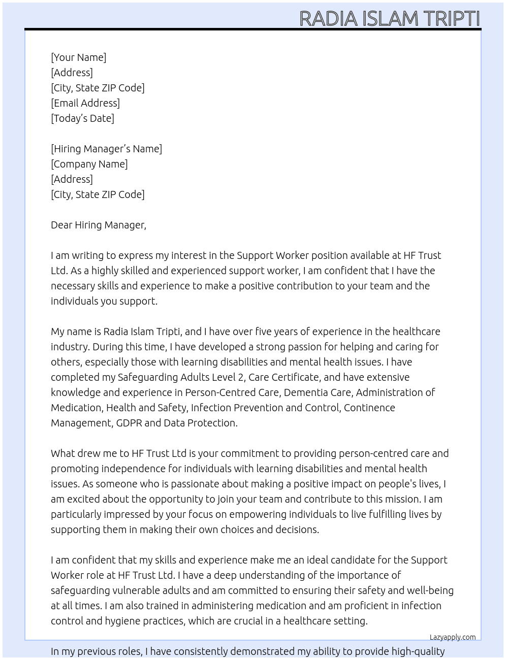 Support worker  At HF Trust Ltd Cover Letter