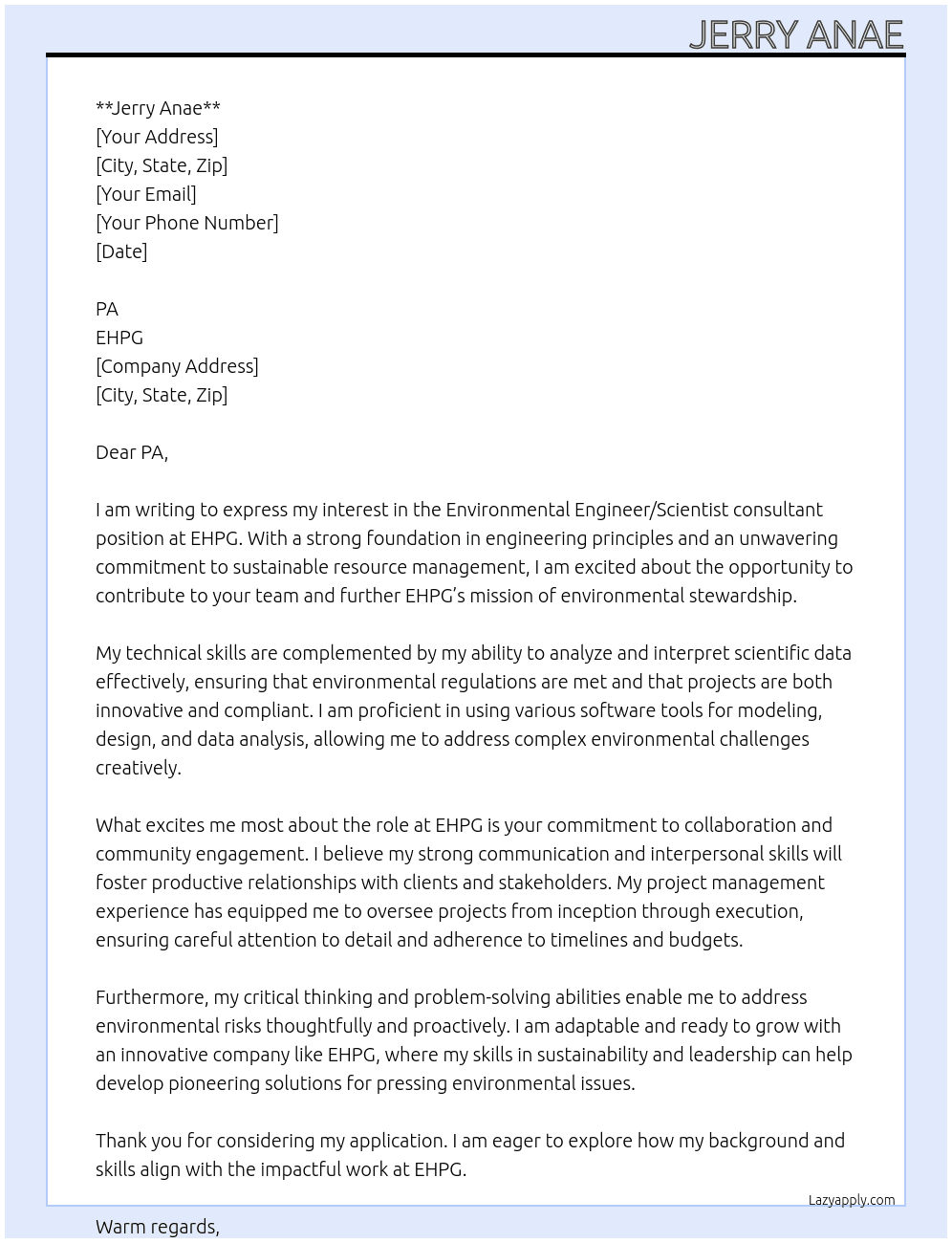 Cover letter for environmental engineer or scientist - LazyApply