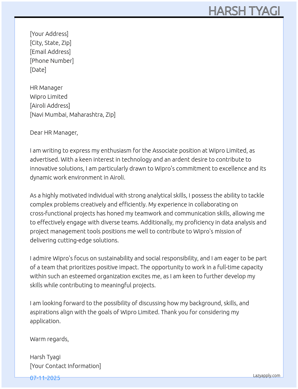 Associate At Wipro limited Cover Letter