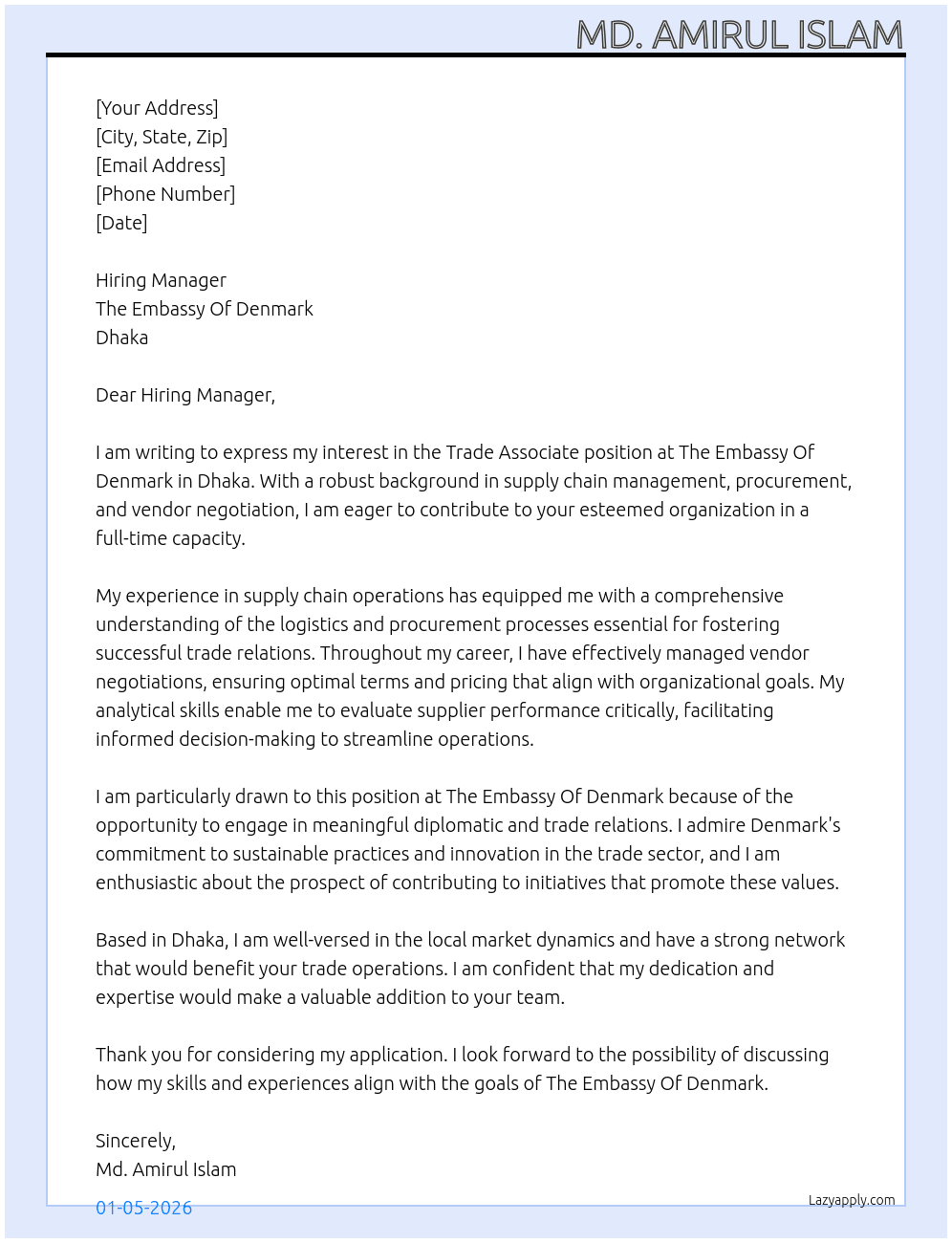 Trade Associate At The Embassy Of Denmark, Dhaka Cover Letter