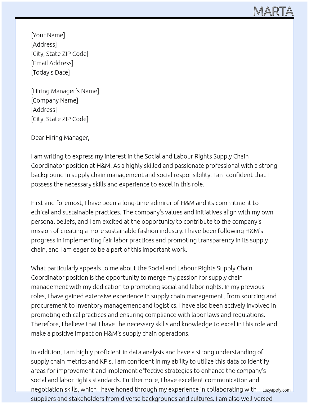 Cover letter for social and labour rights supply chain coordinator - LazyApply