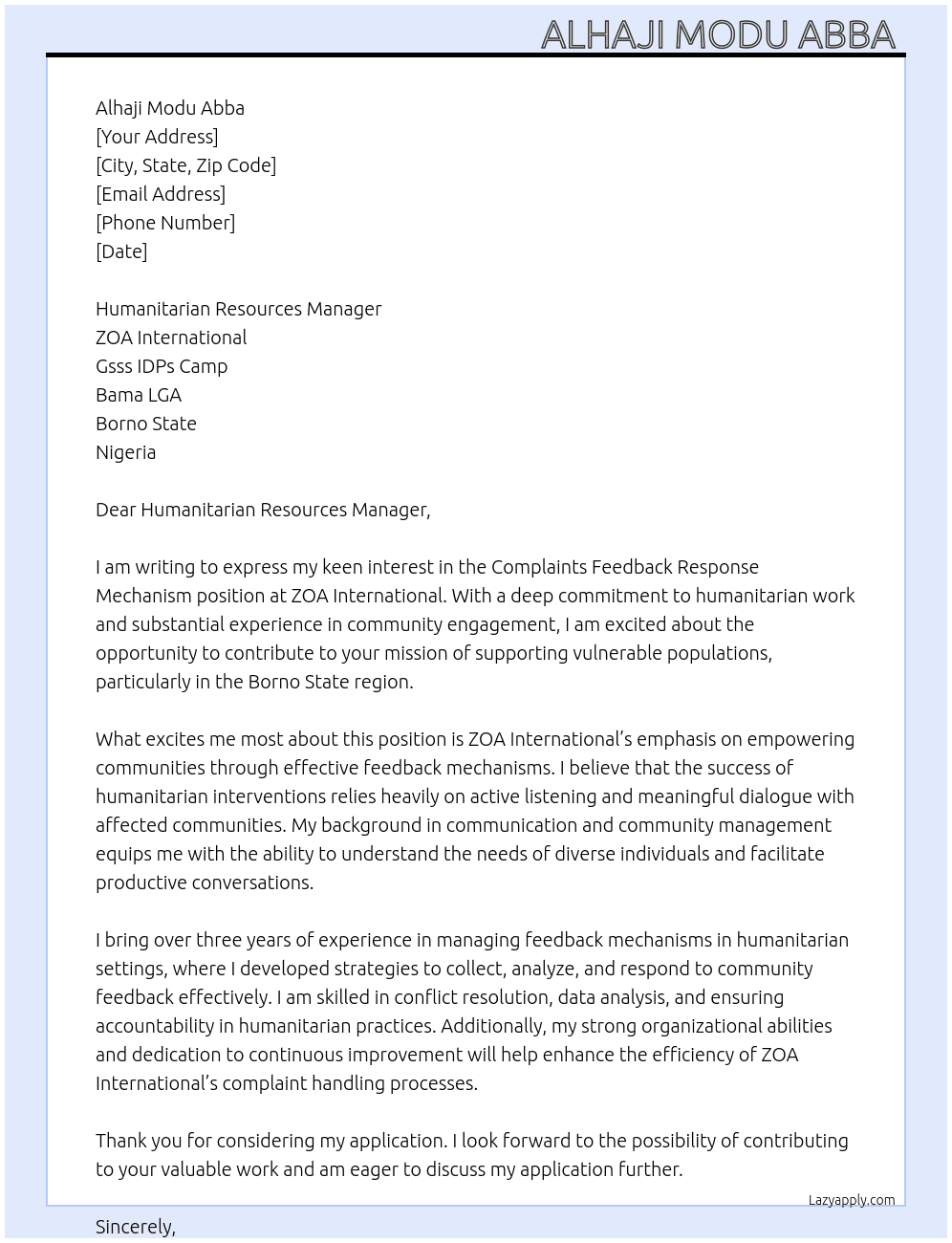 Complaint Feedback Respond Machanism  At ZOA International  Cover Letter