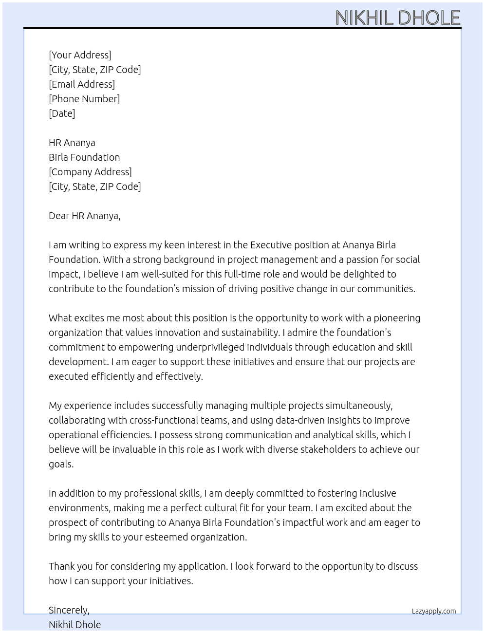 executive At Ananya Birla Foundation Cover Letter