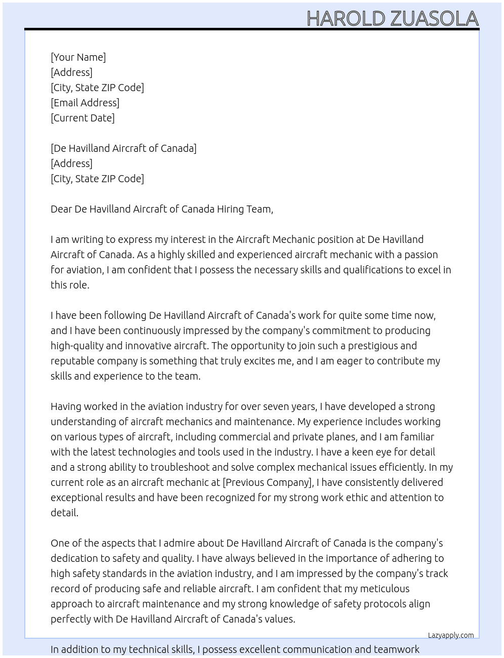 aircraft mechanic At De Havilland Aircraft of Canada Cover Letter