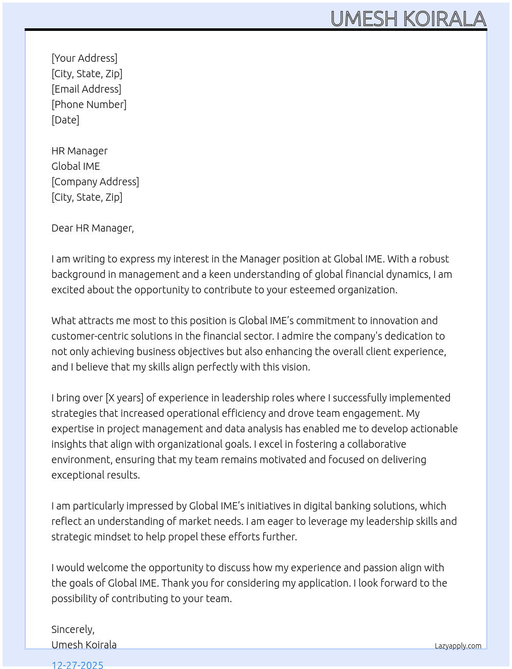 manager  At global ime  Cover Letter