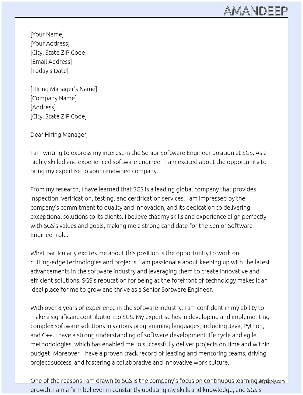 Senior Software Engineer At SGS Cover Letter