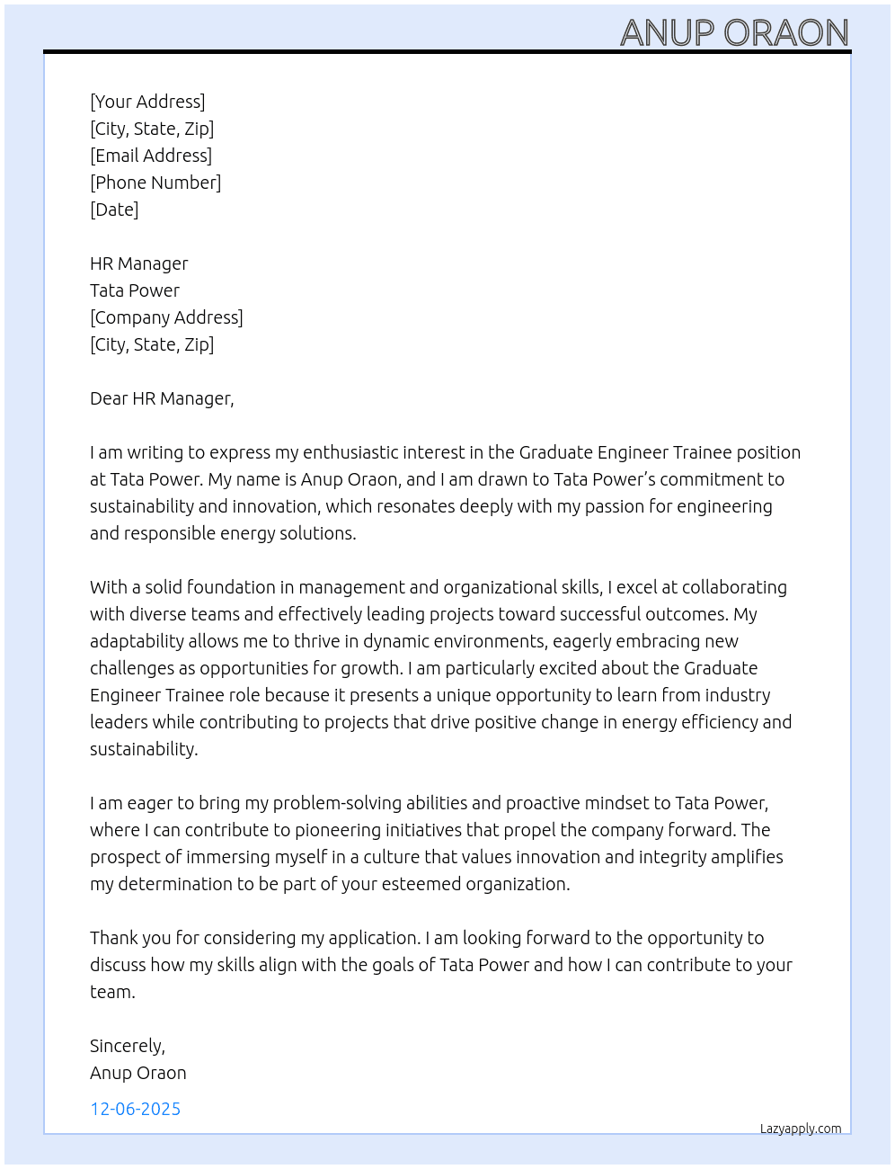 Graduate Engineer Trainee At Tata Power Cover Letter
