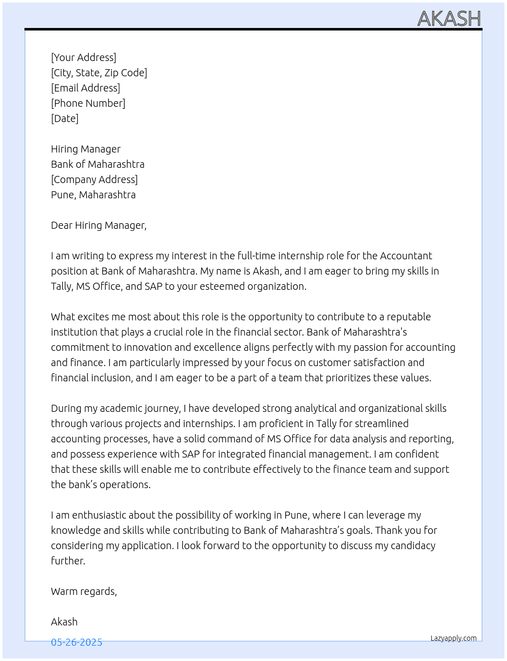 Accountant At Bank of Maharashtra Cover Letter
