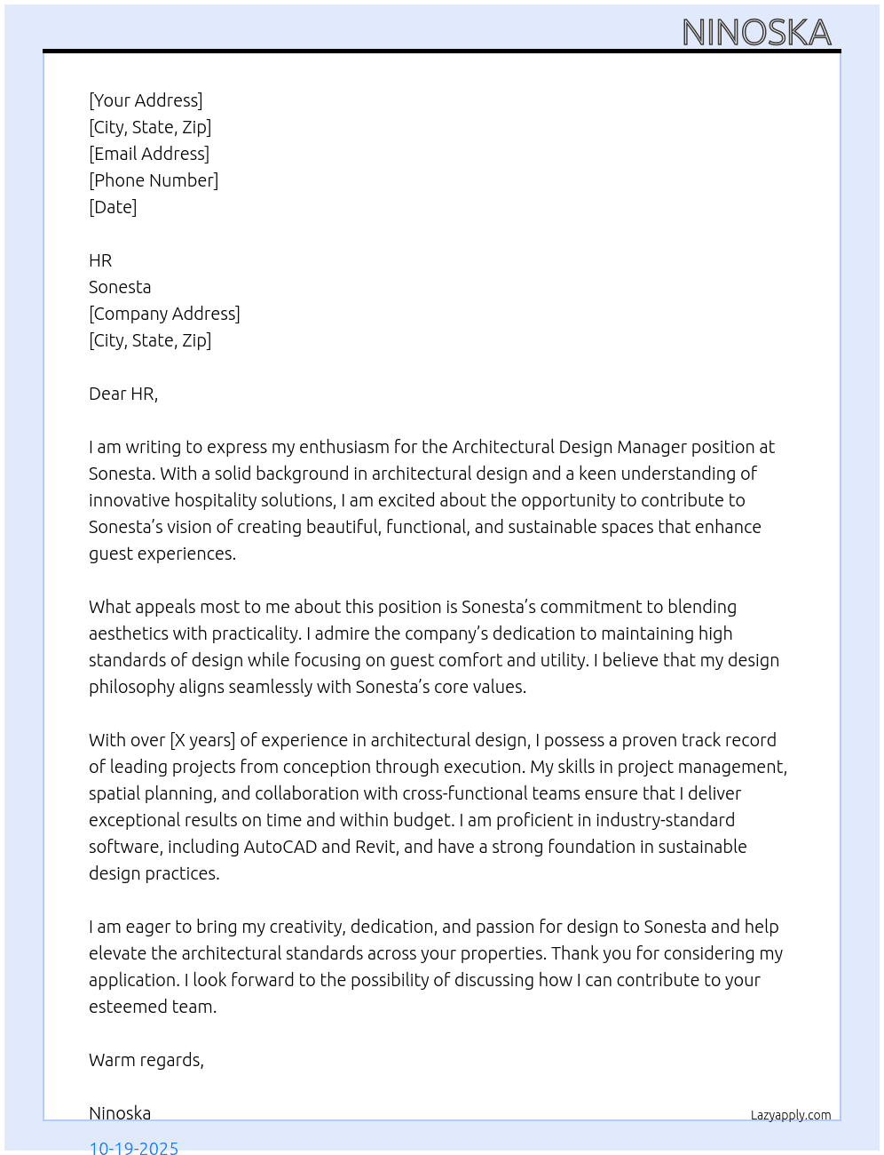 Architectural Design Manager At Sonesta  Cover Letter