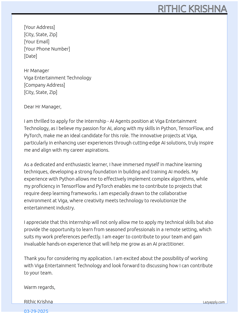Internship -AI Agents At Viga Entertainment Technology Cover Letter
